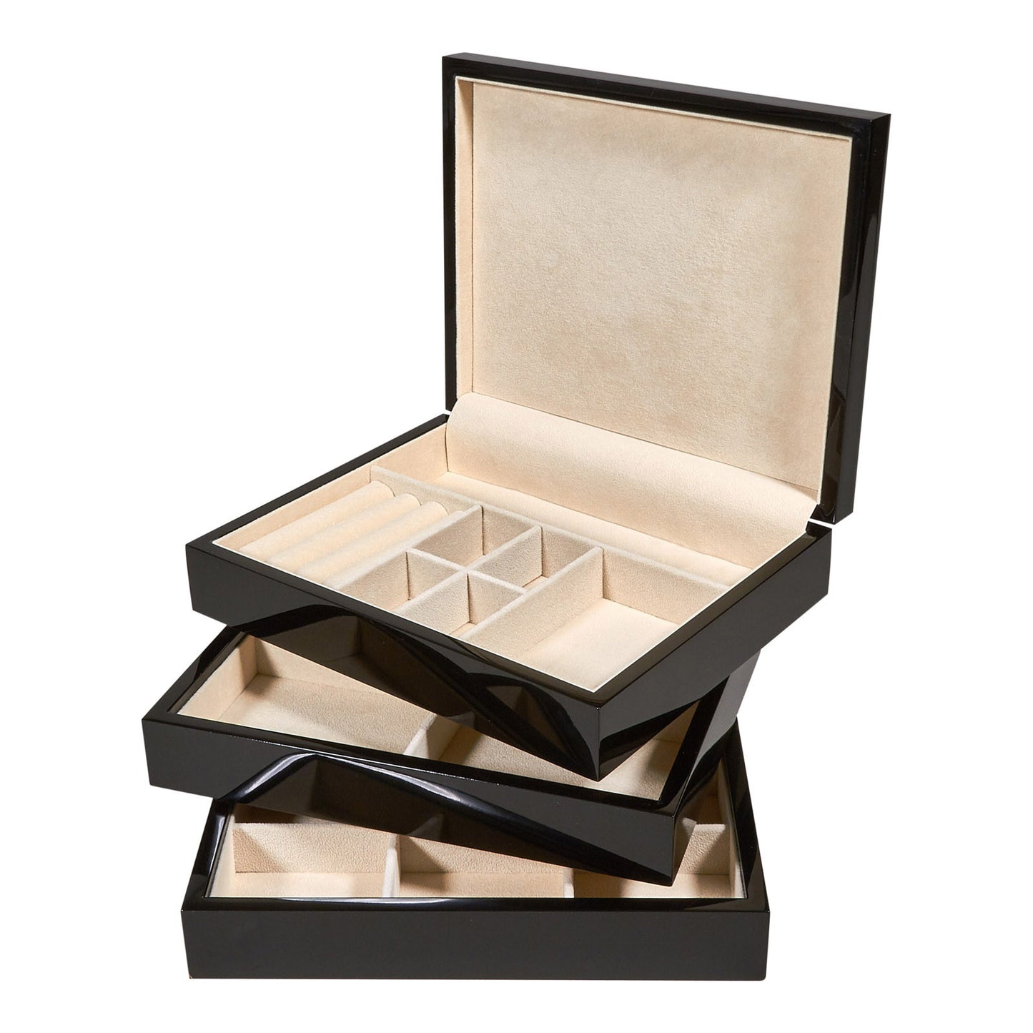 Black Lacquered Wood Multi Level Stackable Jewelry Box With Optional Add-on Tray