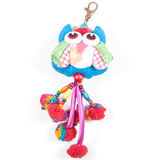 Blue Owl Zipper Pull With Pom-Poms (Thailand)