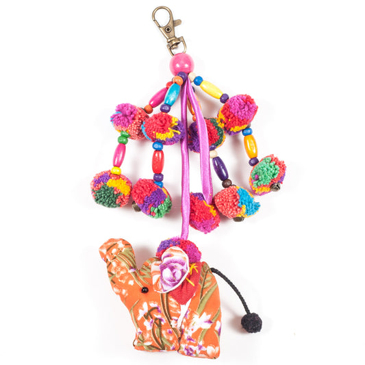 Orange Elephant Zipper Pull With Pom-Poms (Thailand)