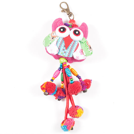 Pink Owl Zipper Pull With Pom-Poms (Thailand)