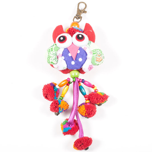 Red Owl Zipper Pull With Pom-Poms (Thailand)