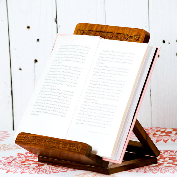 Folding Rosewood Tablet and Book Easel With Intricate Carved Mandala Cutwork