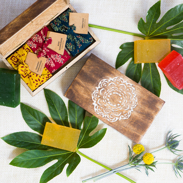 Three "Scents of India" Soaps In Mandala Carved Wooden Keepsake Box