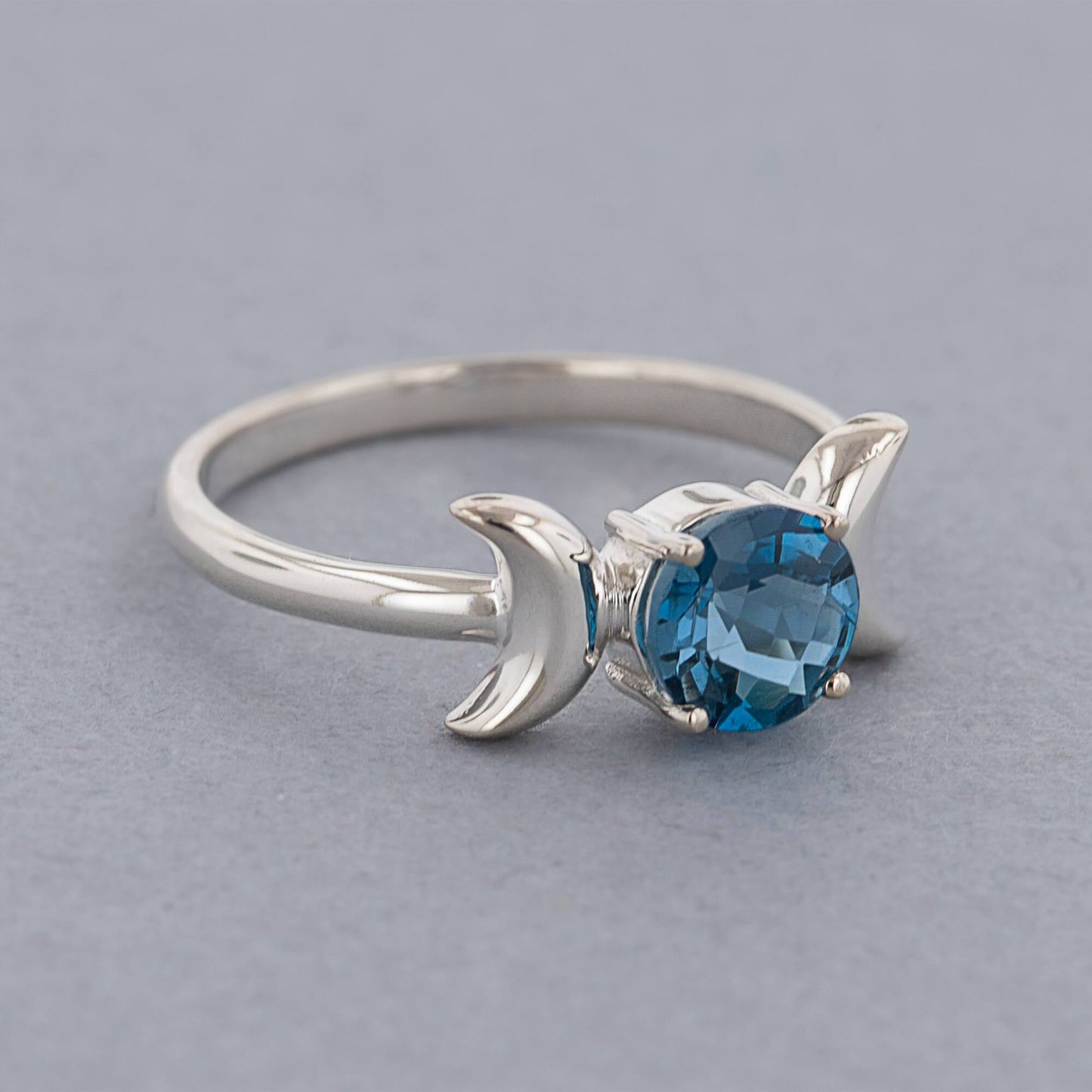 Triple Moon Goddess Ring with London Blue Topaz in 14K White Gold
