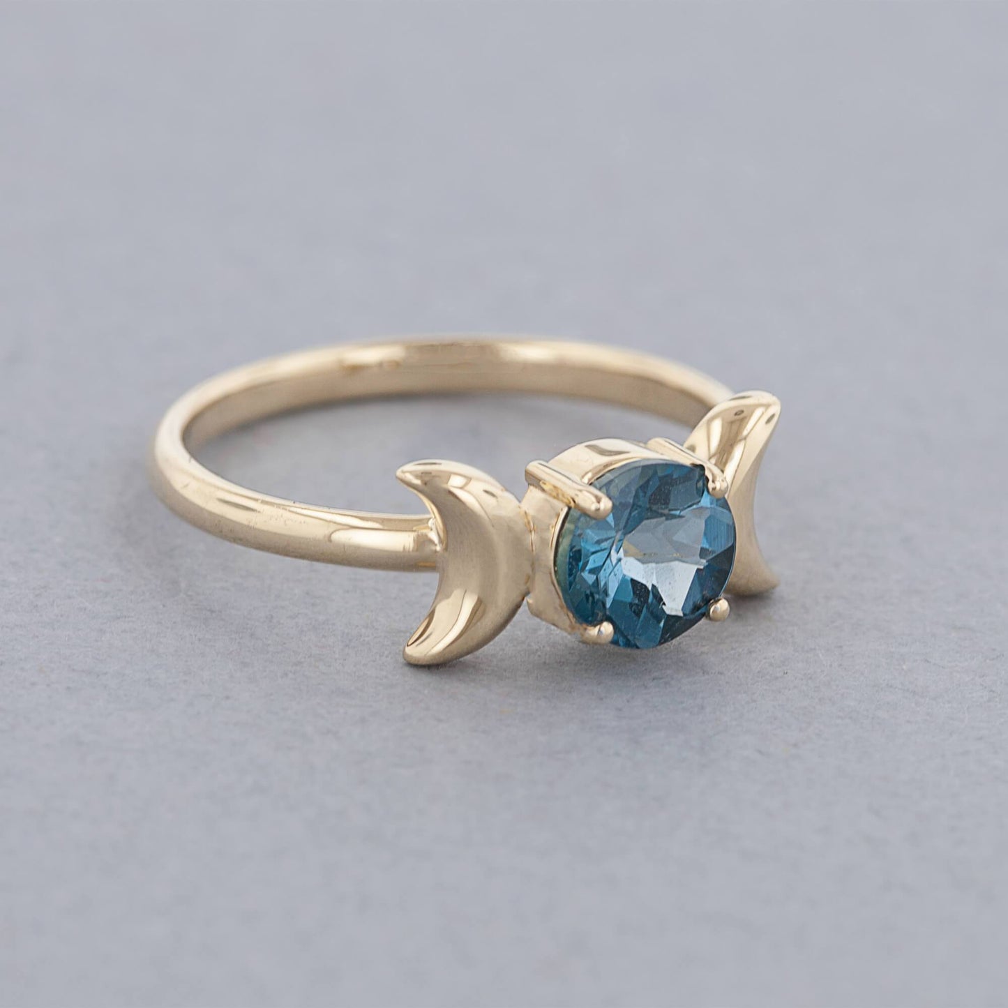 Triple Moon Goddess Ring with London Blue Topaz in 14K Yellow Gold