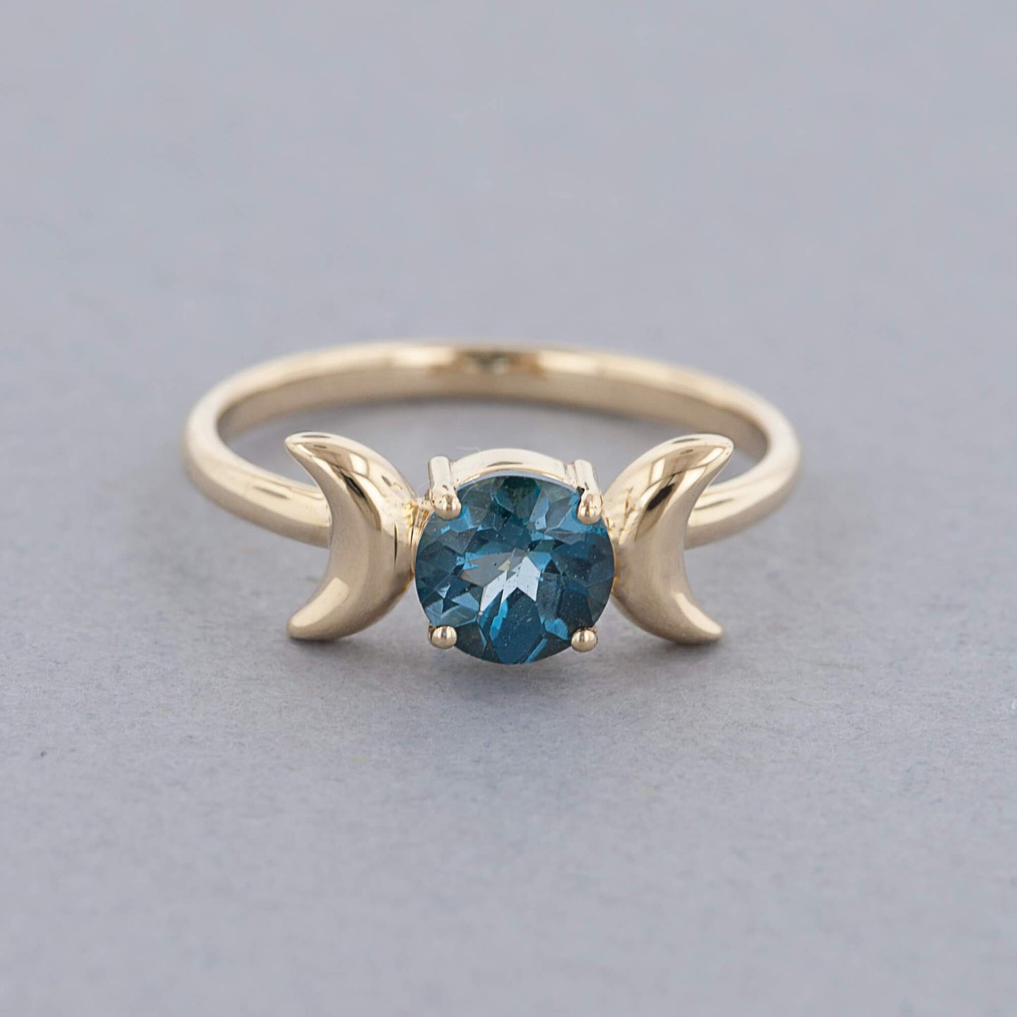 Triple Moon Goddess Ring with London Blue Topaz in 14K Yellow Gold