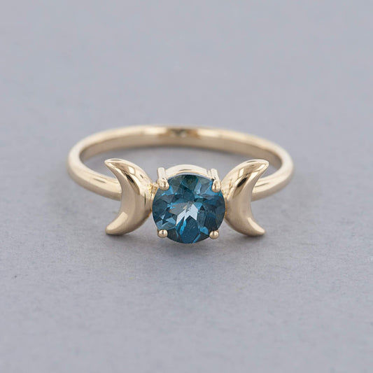 Triple Moon Goddess Ring with London Blue Topaz in 14K Yellow Gold