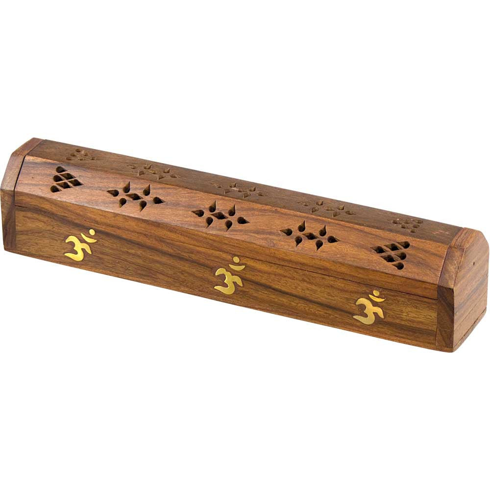 Wood Incense Storage Box and Burner With Brass OM Symbol Inlays