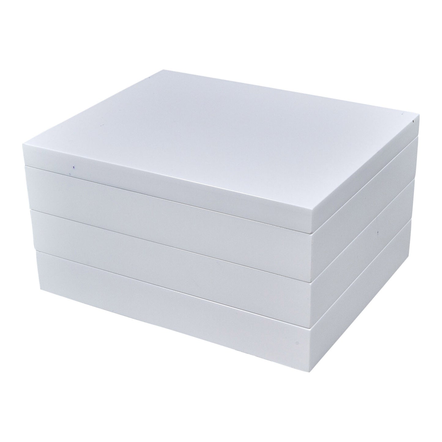 White Lacquered Multi Level Stackable Wood Jewelry Box And Optional Add-on Tray