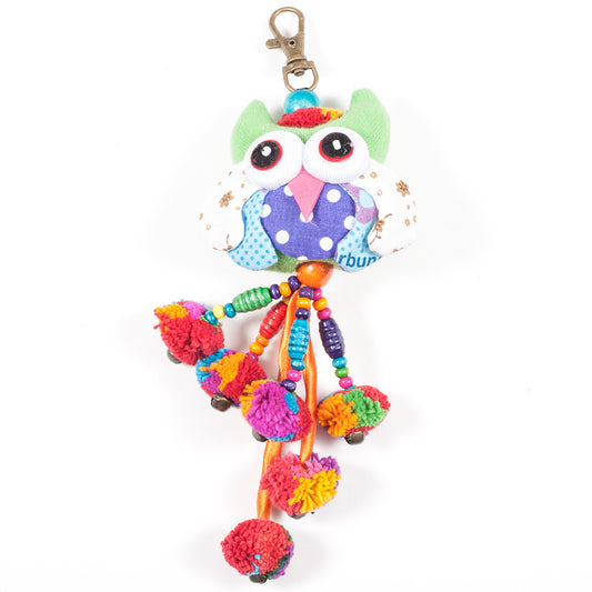 Green Owl Zipper Pull With Pom-Poms (Thailand)