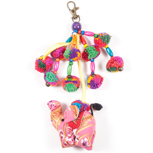 Pink Elephant Zipper Pull With Pom-Poms (Thailand)