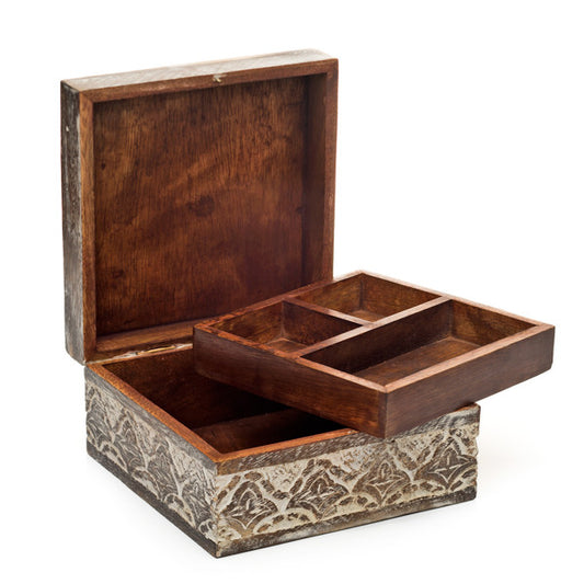 Antique Finished Carved Wood Jewelry and Keepsake Box