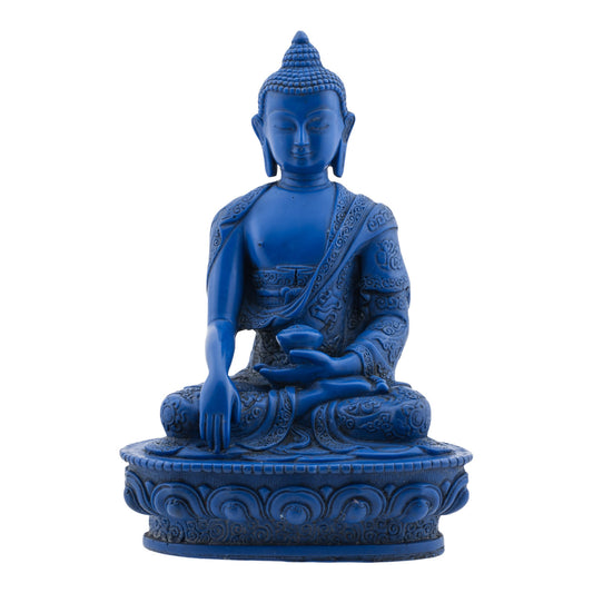 8" Cobalt Blue Resin Gautama Buddha (Shakyamuni) Statue in Bhumis Parsa Mudra