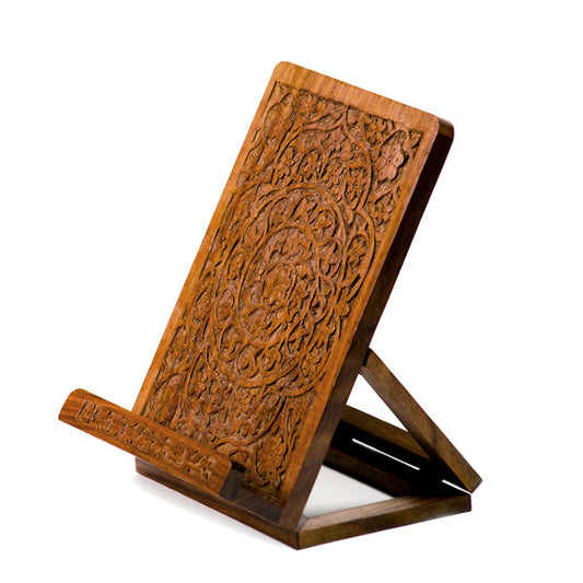 Folding Rosewood Tablet and Book Easel With Intricate Carved Mandala Cutwork