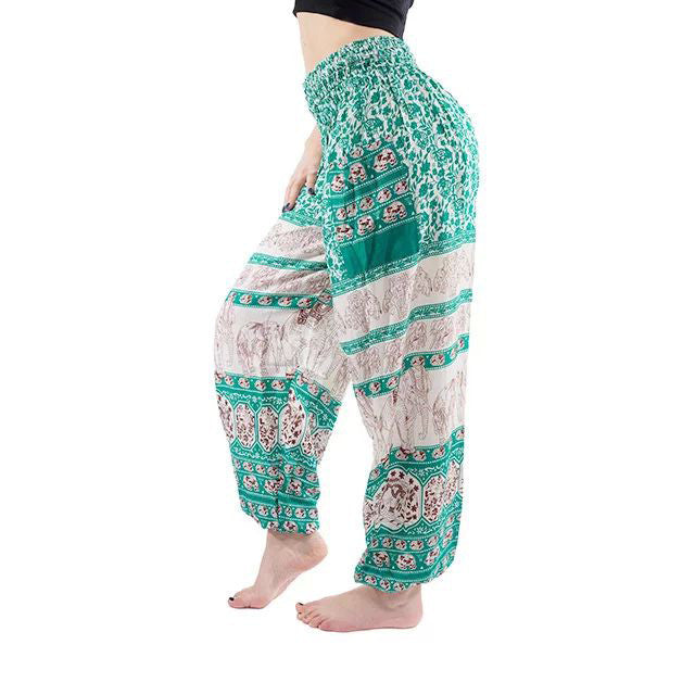 Green Blue Elephant Print Yoga Pants