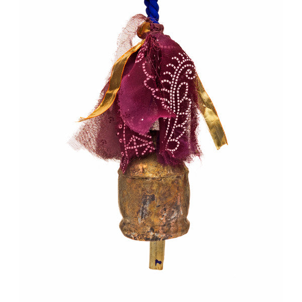 Hanging Strand of Hand Hammered Indian Bells with Upcycled Sari Accents