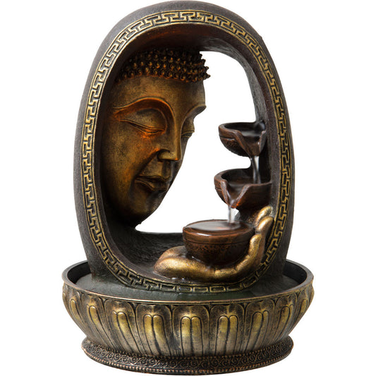 Water Fountain With Gold Buddha Gazing Down At Hand Holding Bowl