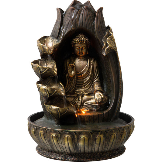 Water Fountain With Gold Buddha Meditating in Lotus Flower
