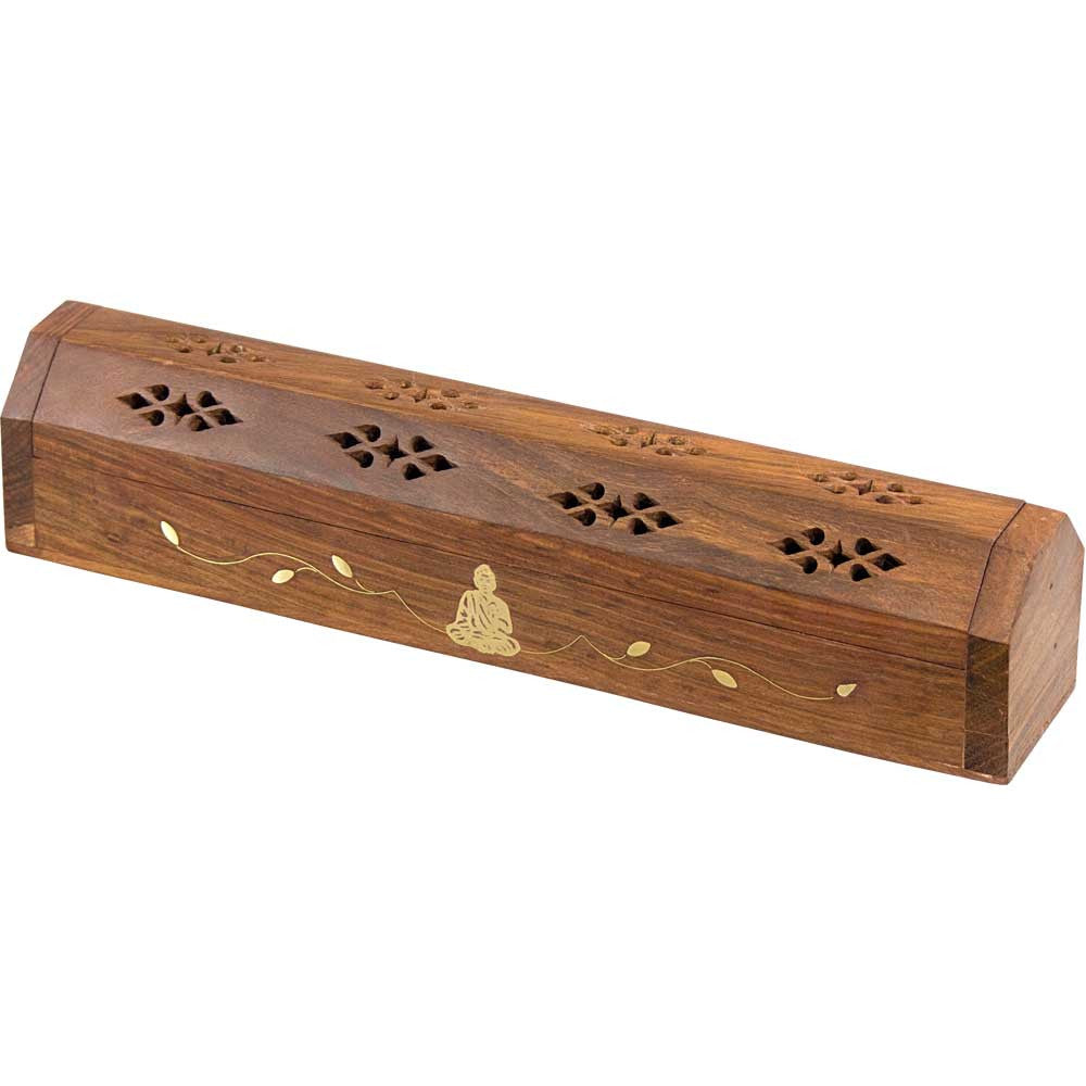 Wood Incense Storage Box and Burner With Brass Buddha Inlays