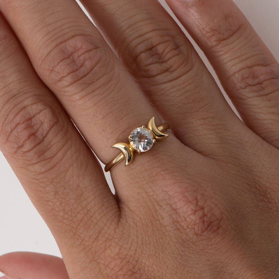 Triple Moon Goddess Ring with Crystal Quartz in 14K Yellow Gold