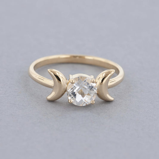 Triple Moon Goddess Ring with Crystal Quartz in 14K Yellow Gold