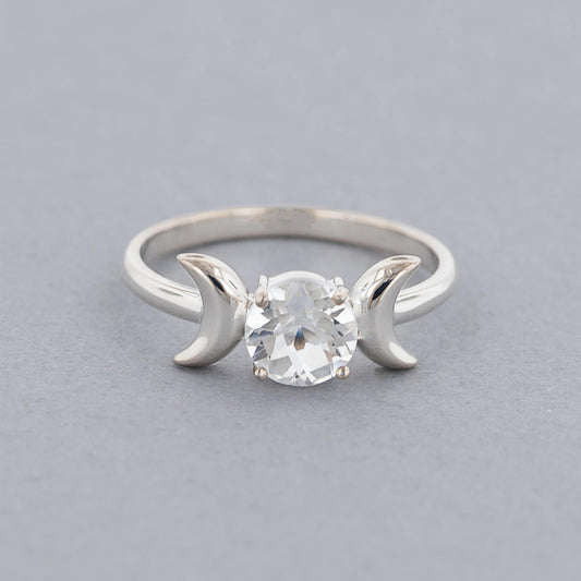 Triple Moon Goddess Ring with Crystal Quartz in Sterling Silver